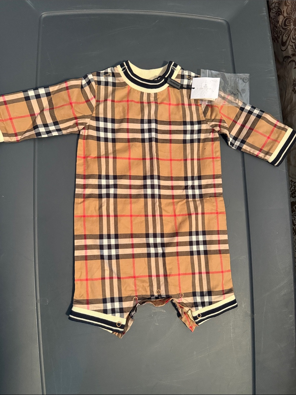 Burberry Beige and Black Nova Check Infant One-Piece